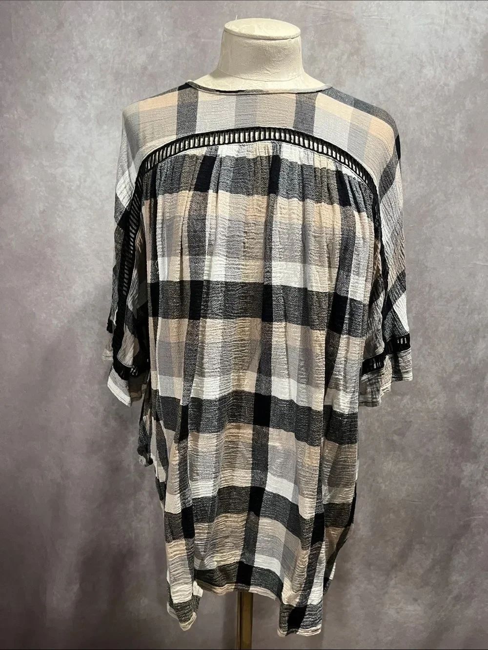 Maeve Anthropologie Neutral Plaid Crochet-Trim Tunic size small